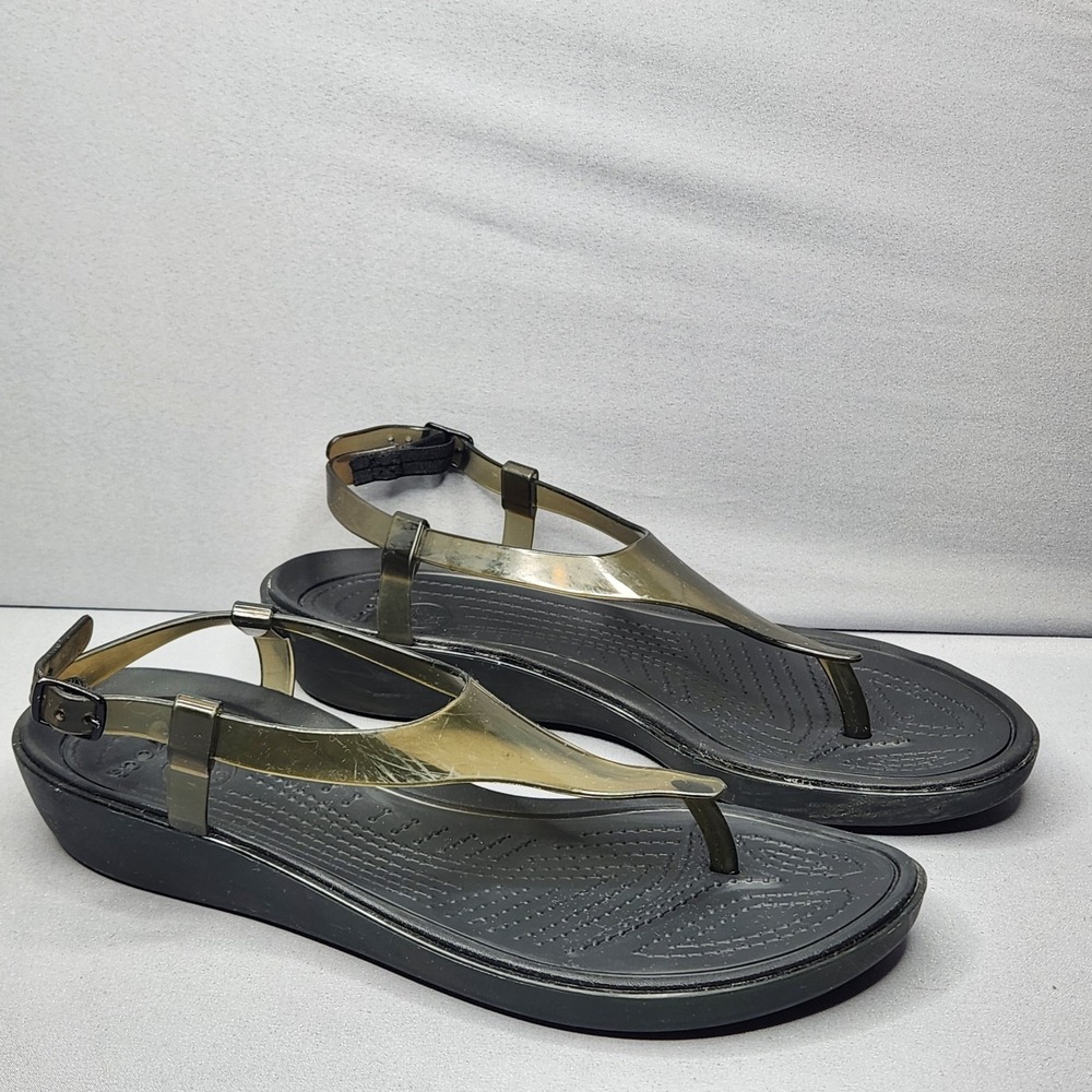 Crocs Womens 9 Flip Flops Really Sexi Brown Jelly T-Strap Sandals Buckle Wedge